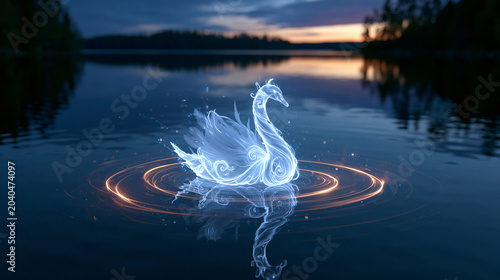 White Light Swan on Reflective Lake Water Surrounded by Golden Glow