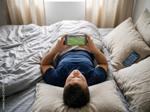 A person lies on a bed looking at a smartphone screen showing a soccer match. The light comes from a window and there are pillows around them. Another phone sits nearby