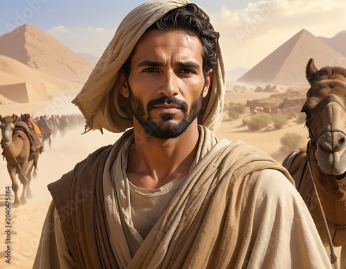 A man in desert with camels