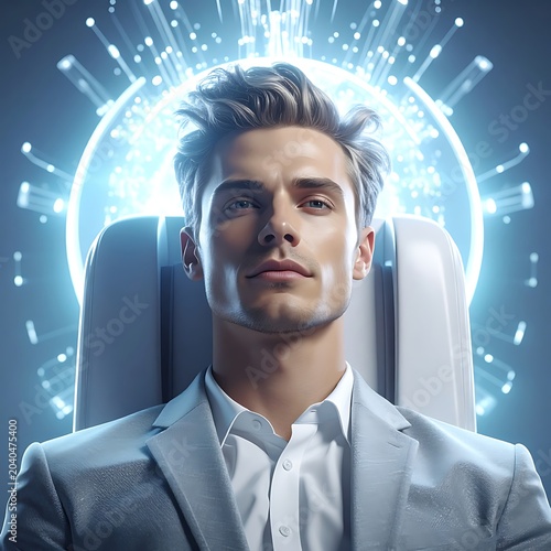 A man in a suit sitting before a radiant glowing orb