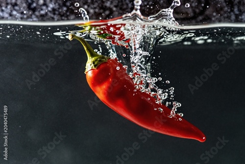 A red hot chili pepper splashing into the water
