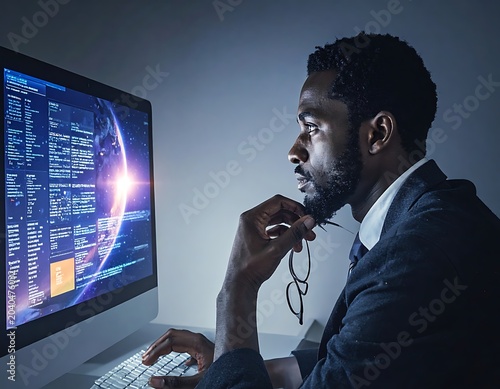 A man in a suit sitting in front of a computer