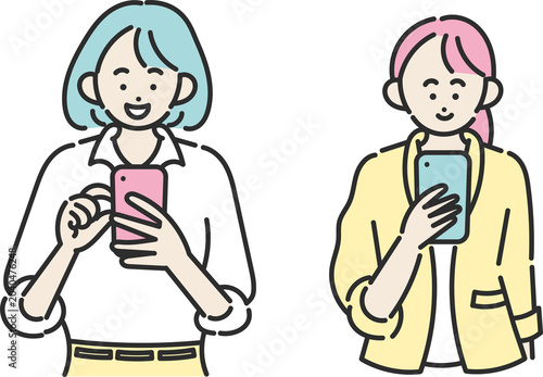 スマートフォンを操作するビジネスウーマンのイラスト素材セット