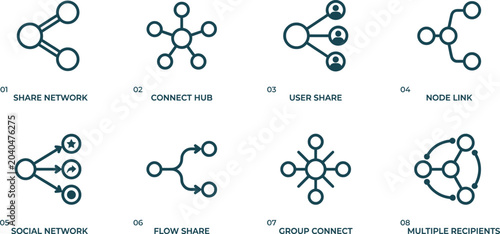 Foto Black line vector icon set of share and network nodes featuring connection hubs