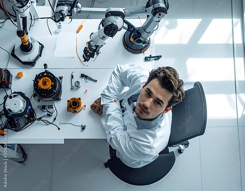 Fototapeta premium A man in a white lab coat sitting at a table with robotic parts