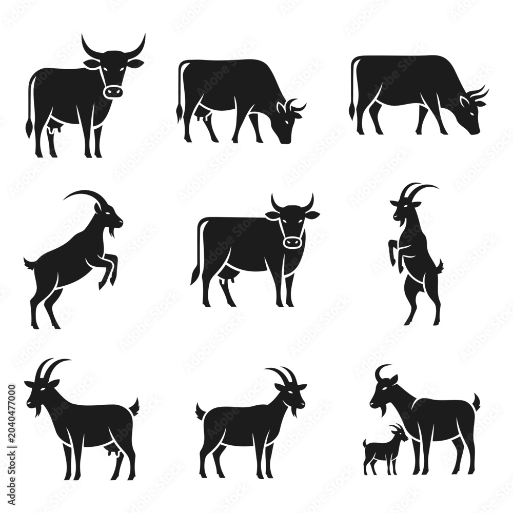 Fototapeta premium Collection of black silhouettes of various cattle and goats in different poses