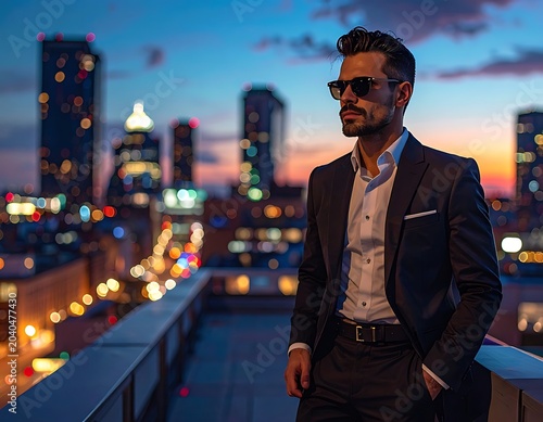A man in a suit stands on a rooftop overlooking a city (1)