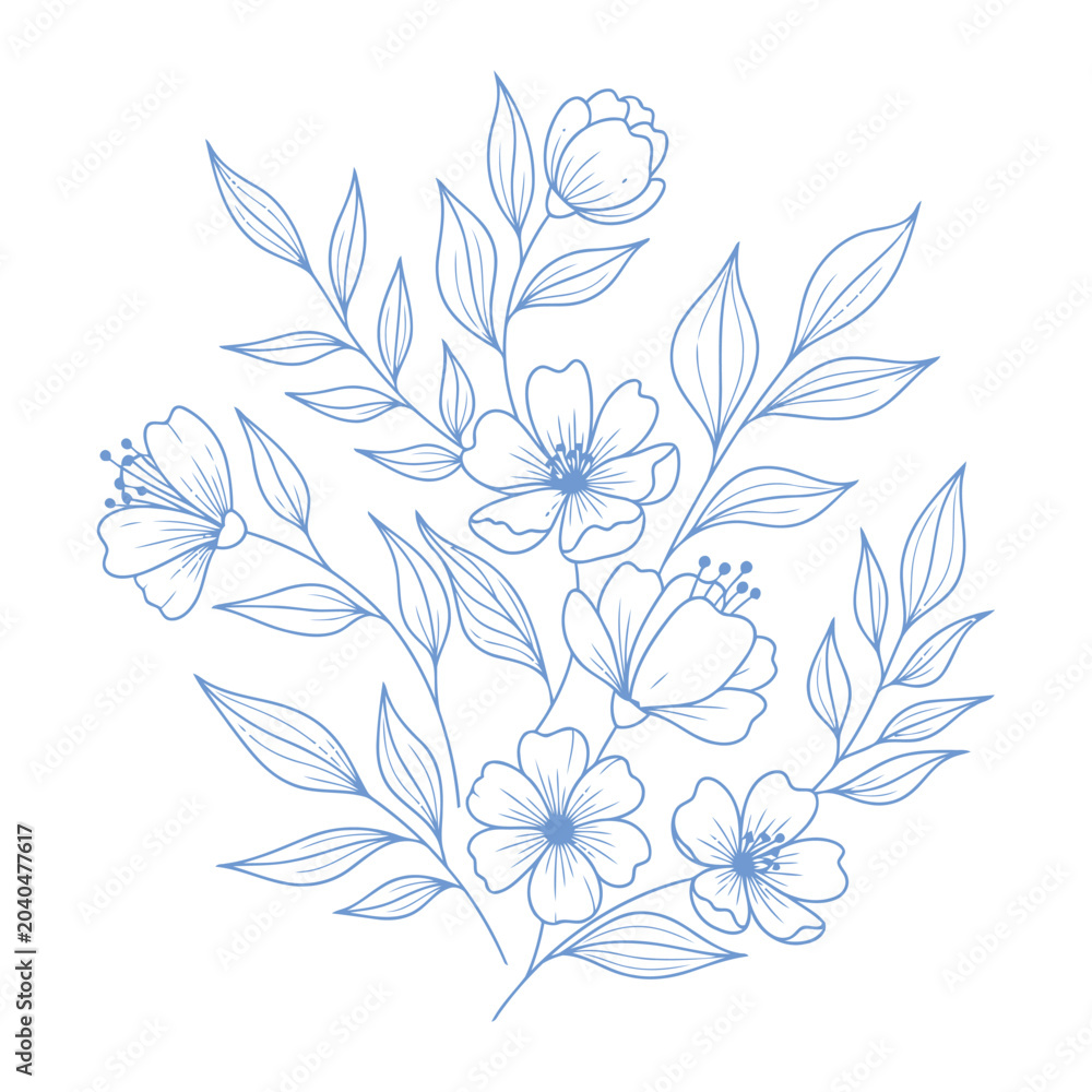 Fototapeta premium Blue line drawing of flowers and leaves on with a butterfly