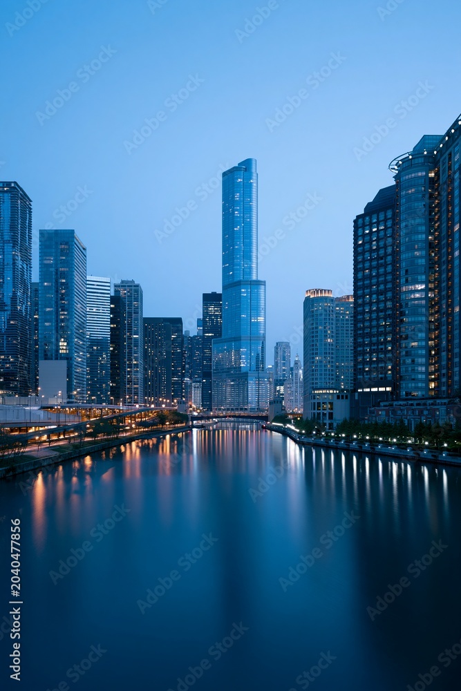 Obraz premium Modern City Skyline Reflection on River at Twilight with Urban Architecture