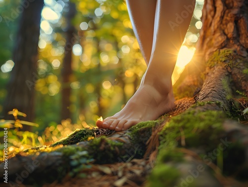 Barfuß auf Baumwurzeln im Wald bei warmem Abendlicht