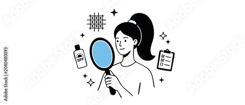 Quadro su tela Skincare routine woman hand mirror holding sunscreen SPF lotion bottle and beauty checklist icon