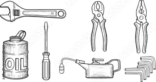 Photos Hand Drawn Construction Tools Set: Vintage Wrench, Screwdriver, Pliers, Allen Ke