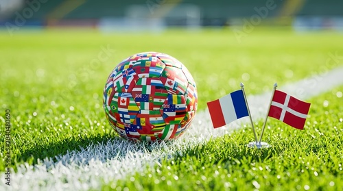 A soccer ball covered in various international flags on a green field with small flags of france and denmark