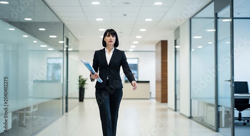 Confident businesswoman walking through modern office hallway, professional female executive in black suit holding documents, corporate career success concept