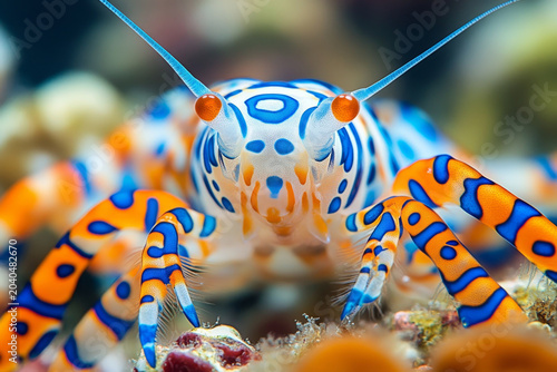 selective focus intricate body patterns and vibrant colors of harlequin shrimp