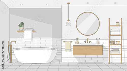 Modern Bathroom Interior Design with Bathtub, Vanity, and Round Mirror