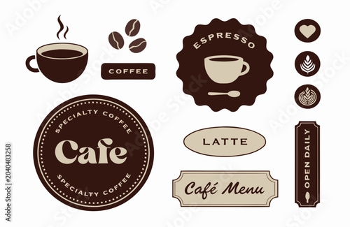 Coffee cafe branding elements with steam cup and beans on white background vector illustration