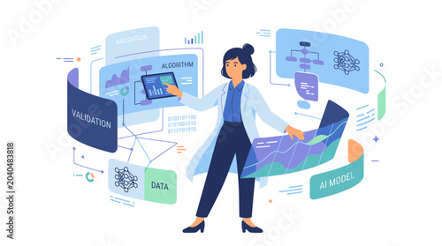Female Scientist Analyzing Complex Data with Advanced Virtual Technology and Digital Interfaces.