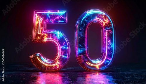 Glowing neon number fifty in colorful lights.