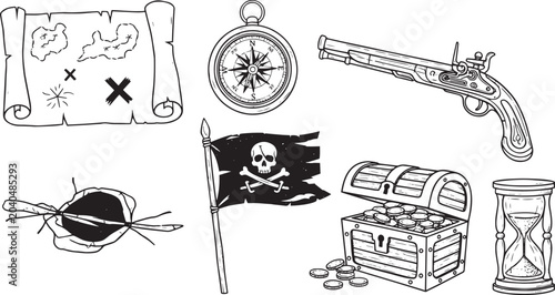Foto Hand Drawn Pirate Adventure Elements Set: Vintage Treasure Map, Jolly Roger Flag