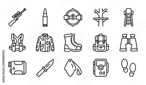 Bild auf Leinwand Hunting Icons Set, Outdoor Adventure Gear Vector Graphics, Camouflage Clothing &