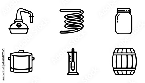 Tableau sur toile Distillery Equipment Icons: Still, Coil, Jar, Pot, Hydrometer, Barrel Vector Set