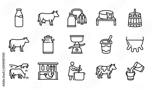 Fotografía Dairy Farm Icons Set: Milk, Cheese, Cow, Udder, Butter Churn, Vector Graphics