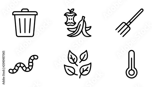 Composting Icons: Organic Waste, Worms, Thermometer, Leaves, Fork, Bin Vector Graphics