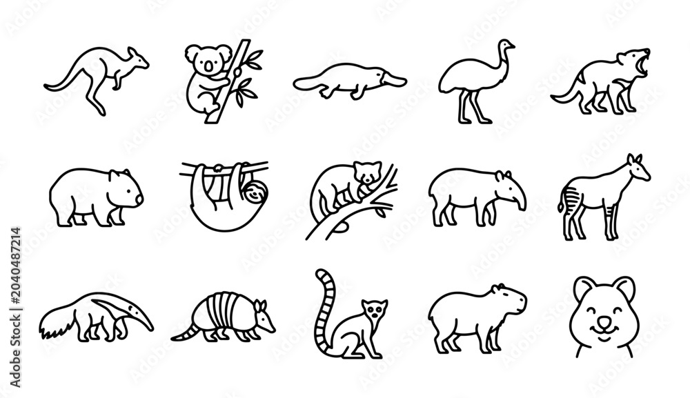 Obraz premium Australian Wildlife Icons Set: Kangaroo, Koala, Platypus, Emu, Wombat, Quokka Vector Graphics