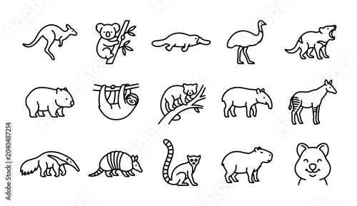 Canvas Print Australian Wildlife Icons Set: Kangaroo, Koala, Platypus, Emu, Wombat, Quokka Ve