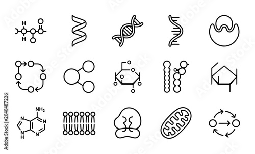 Bild auf Leinwand Biochemistry Icons, Molecular Structures, DNA, Cells, Biology Science Vector Set