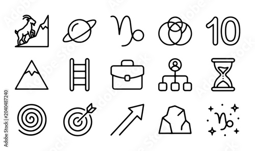 Bild auf Leinwand Business Growth Icons, Capricorn Zodiac, Mountain Peak, Target, Hourglass, Vecto