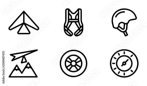 Adventure Sports Icons: Hang Gliding, Paragliding, Climbing Gear, Compass, Wheel