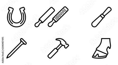 Tableau sur toile Farrier Tools Set: Horseshoe, Nail, Hammer, Rasp, Buffer, Hoof, Black and White
