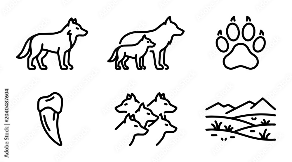 Fototapeta premium Wolf Icons Set, Wild Animal Graphics, Canine Family & Paw Print Vector Art