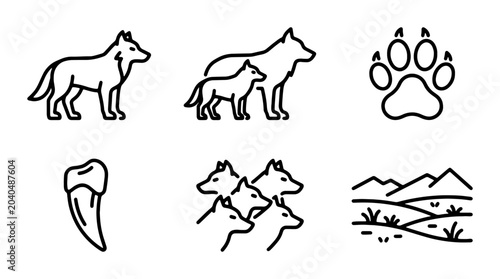Konstfotografi Wolf Icons Set, Wild Animal Graphics, Canine Family & Paw Print Vector Art