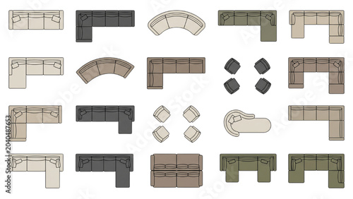 An overhead view showcases a variety of modular furniture arrangements, including sectional sofas and armchairs, neatly laid out in a grid pattern. CAD Blocks Icon Sheet Vector