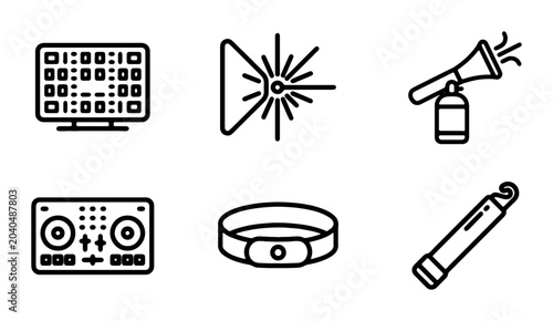 Schilderij op canvas Party Icons Set: DJ Mixer, Confetti Cannon, Strobe Light, Glow Stick, Laser