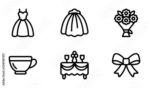 Photos Wedding Icons Vector Set: Bridal Gown, Bouquet, Tea Cup, Table Decor, Bow Tie, C