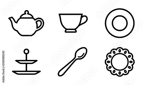 Foto Tea Time Icons: Teapot, Cup, Saucer, Spoon, Tiered Stand, Doily Vector Set