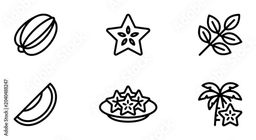 Konstfotografi Star Fruit Icons, Carambola Vector Set, Tropical Food Graphics, Exotic Fruit Ill