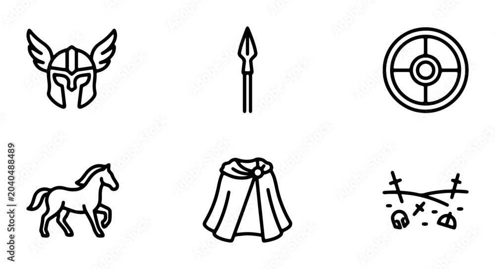 Fototapeta premium Viking Icons Set: Helmet, Spear, Shield, Horse, Cape, Battlefield Vector Graphics