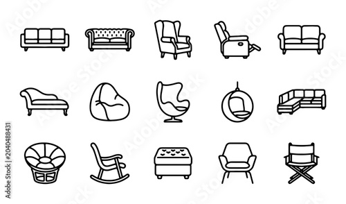 Photos Vector Furniture Icons Set: Sofas, Chairs, Loungers, and Ottomans for Interior D