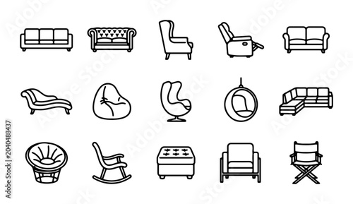 Tableau sur toile Modern Furniture Icons Set, Vector Line Art Collection of Seating, Home Decor El