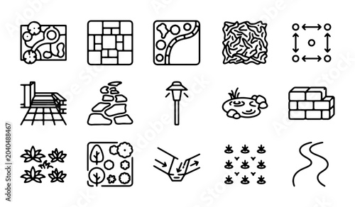 Schilderij op canvas Landscape Design Icons: Garden Layouts, Paving, Water Features, Plants, and Stru