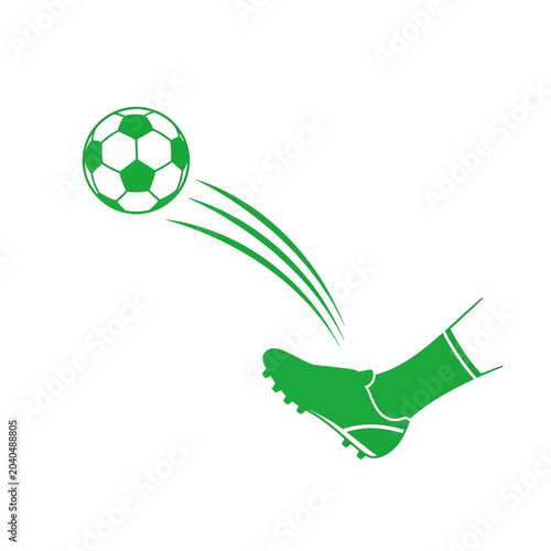 Foto Green soccer ball flying after being kicked by foot