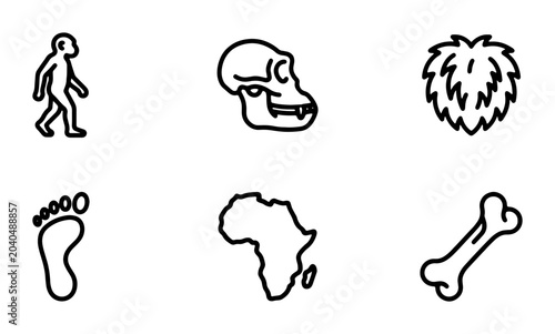 Human Evolution Icons, Primate Skull, Africa Map, Footprint, Bone, Primitive Man Vector Set