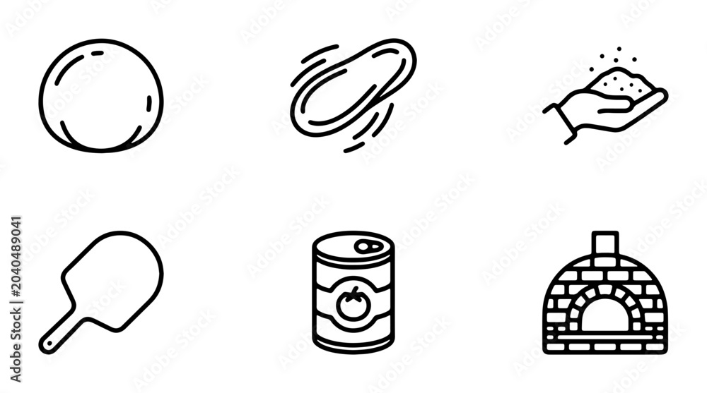 Fototapeta premium Pizza Making Icons: Dough, Ingredients, Oven, Tools, Tomato Can, Vector Set