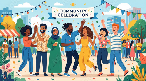 Foto Diverse group of people celebrating community event with colorful decorations an