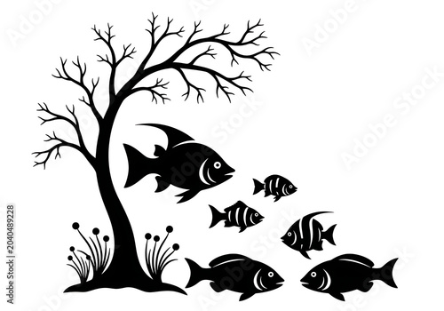 Fish Swimming Under Bare Tree Silhouette